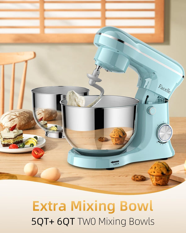 Facelle Tilt-Head Stand Mixer, 5QT+6QT Stainless Steel Two Bowls